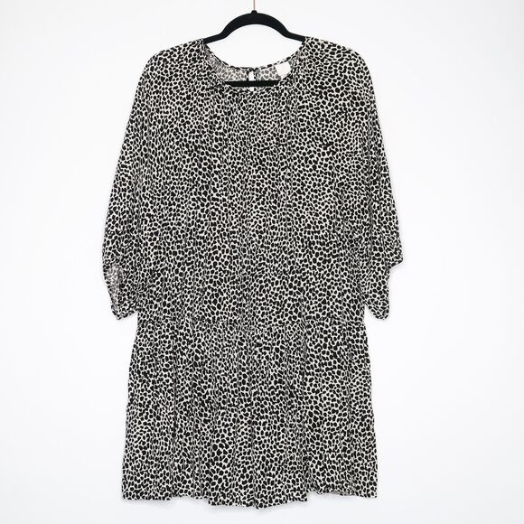 H&M Womens Leopard Print Short Dress Size Medium Black White Bubble Sleeve‎ Boho - Picture 1 of 7